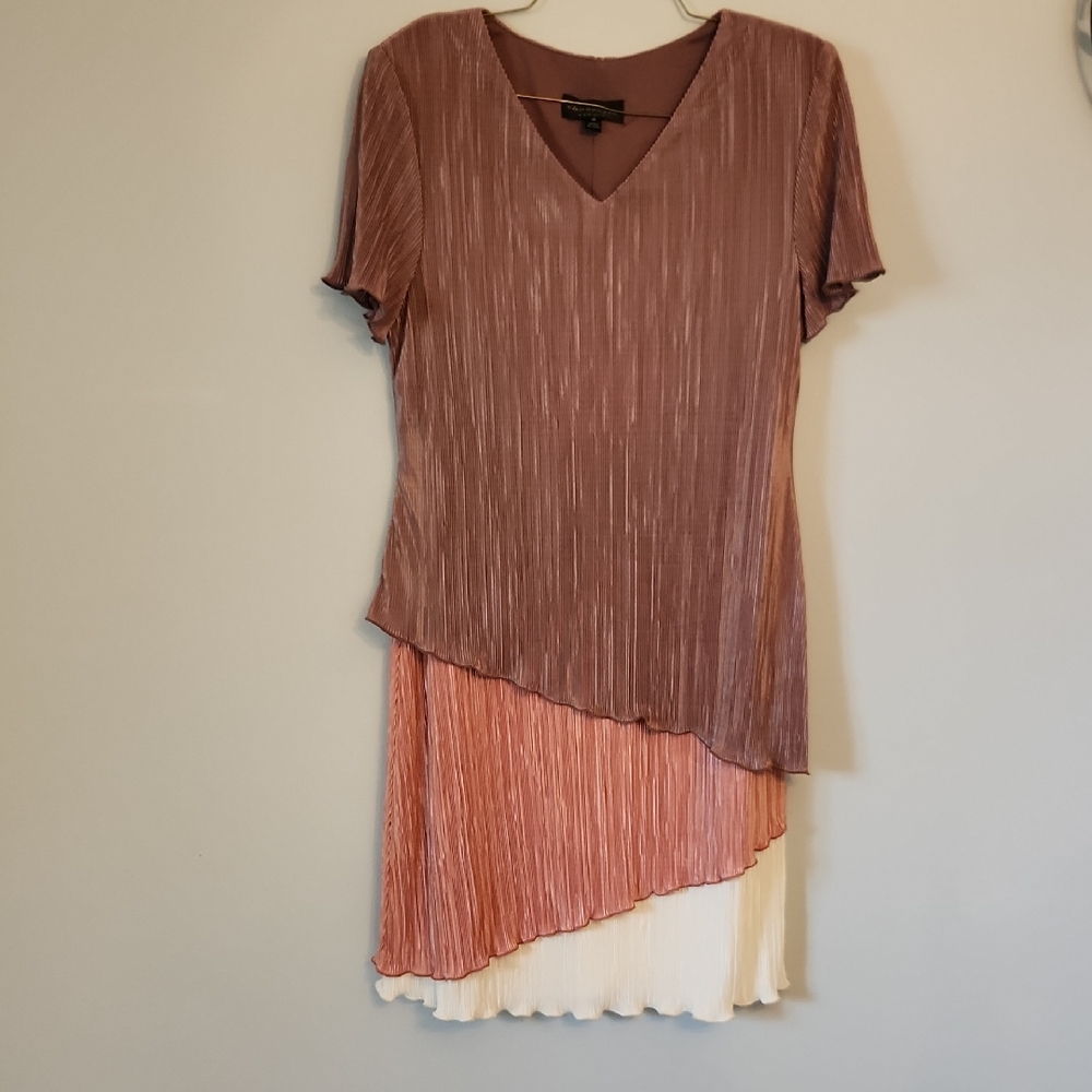 Vintage ,Connected Apparel Pleated Dress in Brown, Pink, and Cream